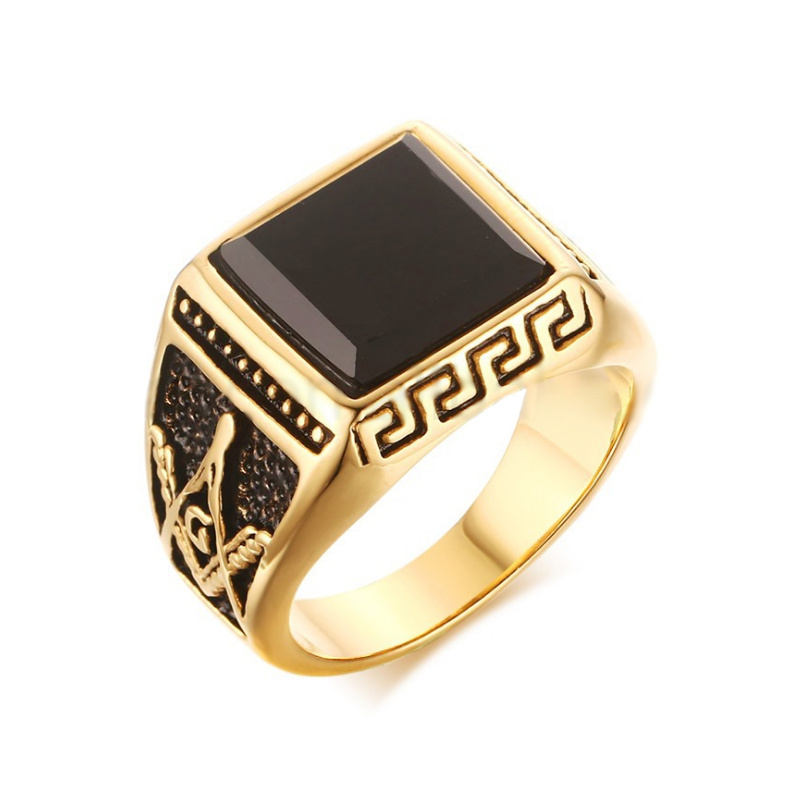 Men's Gold Freemason Thumb Ring Design With One Black Stone