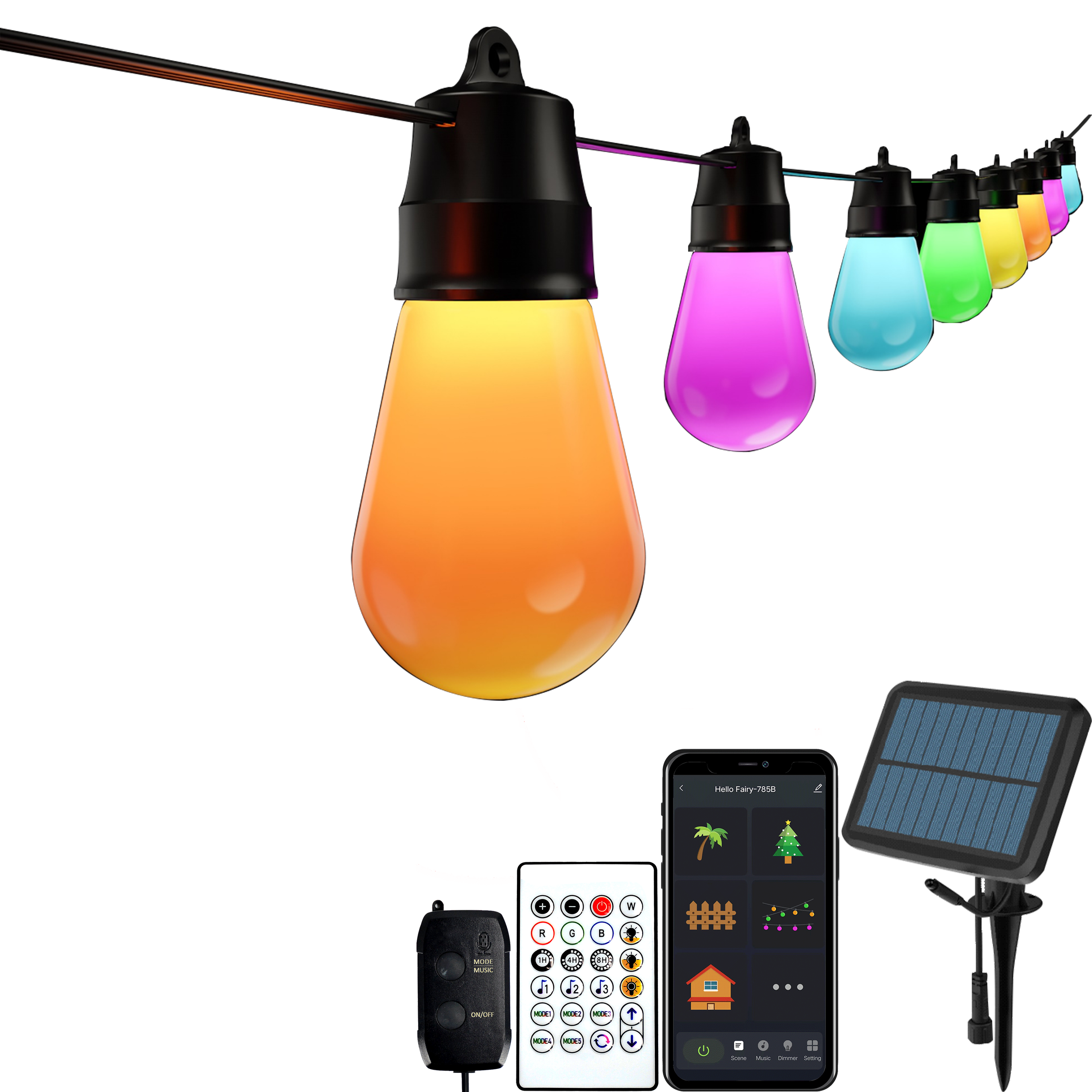 S14 Bulb IP67 Shatterproof App Control Patio Solar LED Edison Vintage Lights String Smart RGB Garden Hanging Decoration Lighting