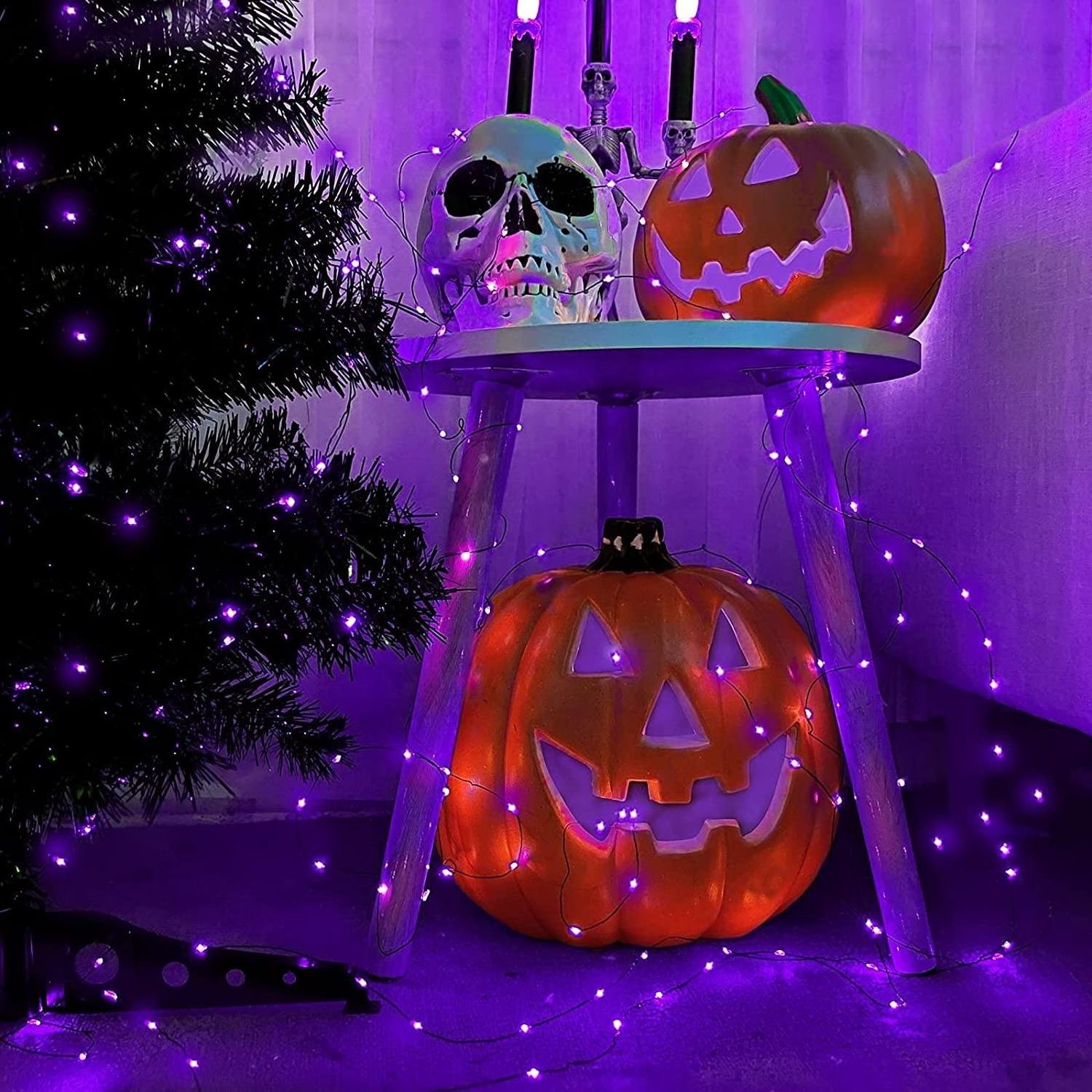 200LED 65.6Ft Timer Battery Operated with Remote 8 Modes fairy lights Yard Garden Decoration Purple Halloween String Lights