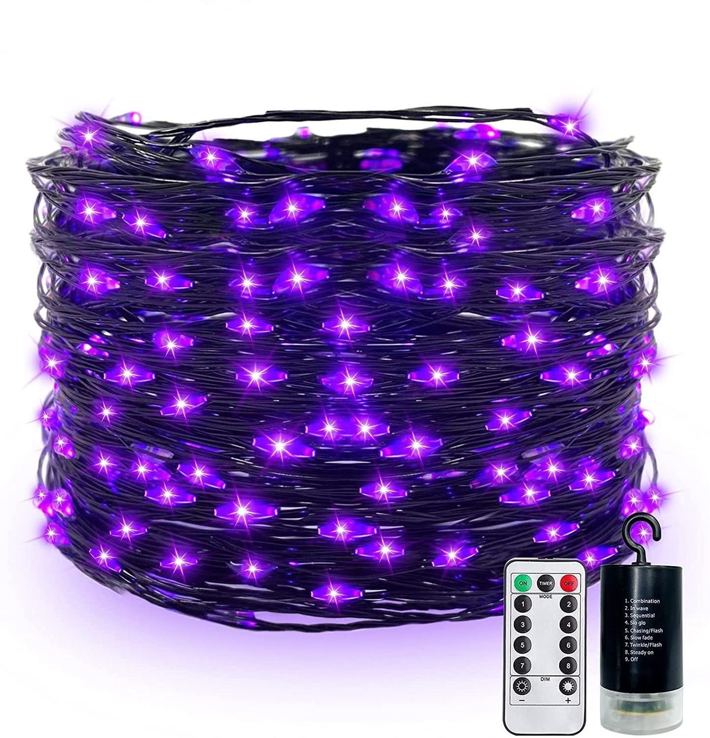 200LED 65.6Ft Timer Battery Operated with Remote 8 Modes fairy lights Yard Garden Decoration Purple Halloween String Lights