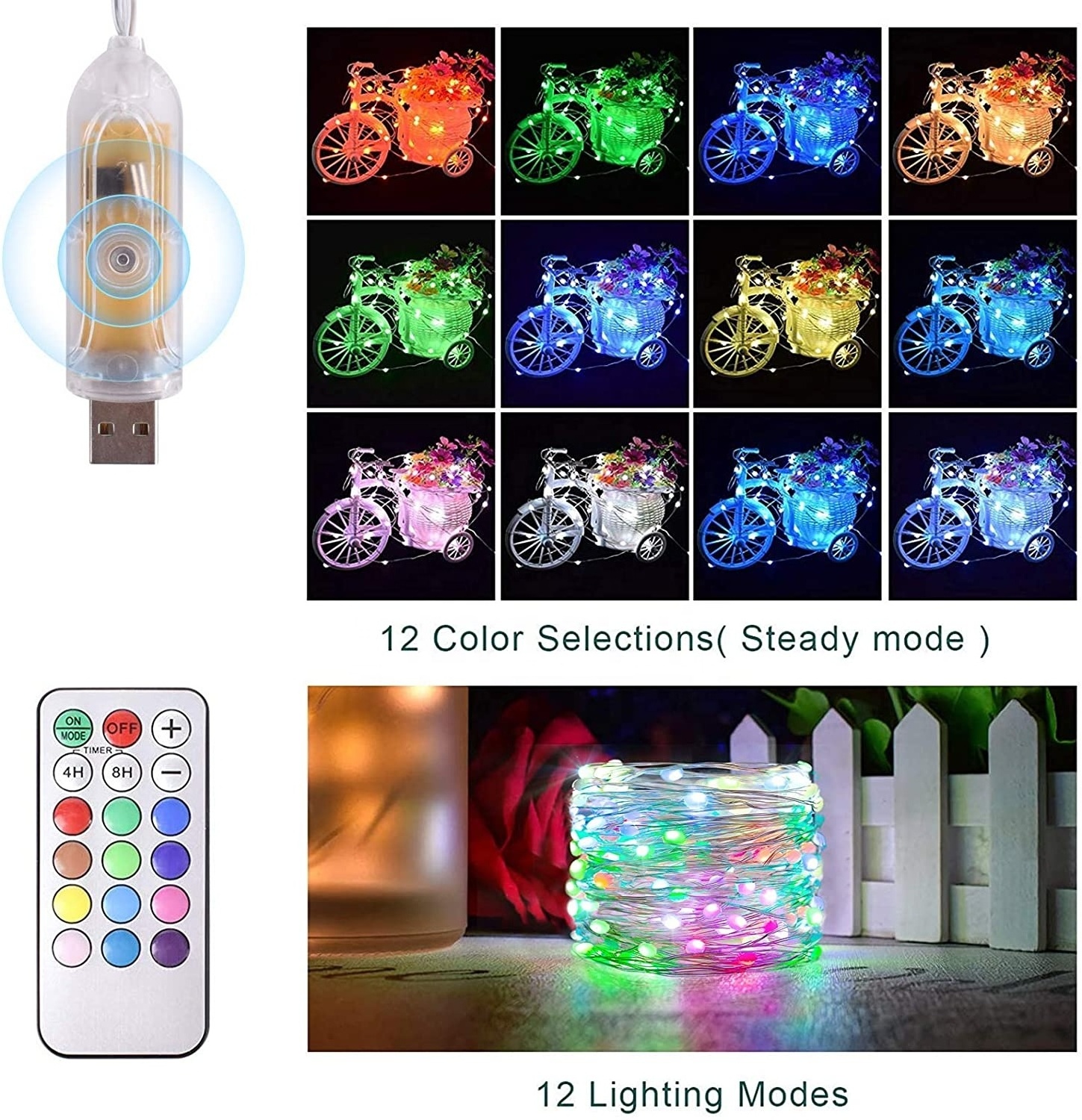 Remote control smart RGB color changing Christmas light USB led string light