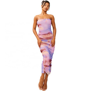 King Young Purple Palm Print Mesh Bandeau Ruched Maxi Dress Summer Maxi Dress Women 2023