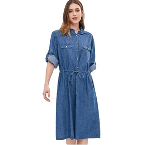 KY long light washed blue long sleeve waist tie Button Up Pocket shirt Chambray denim dress women