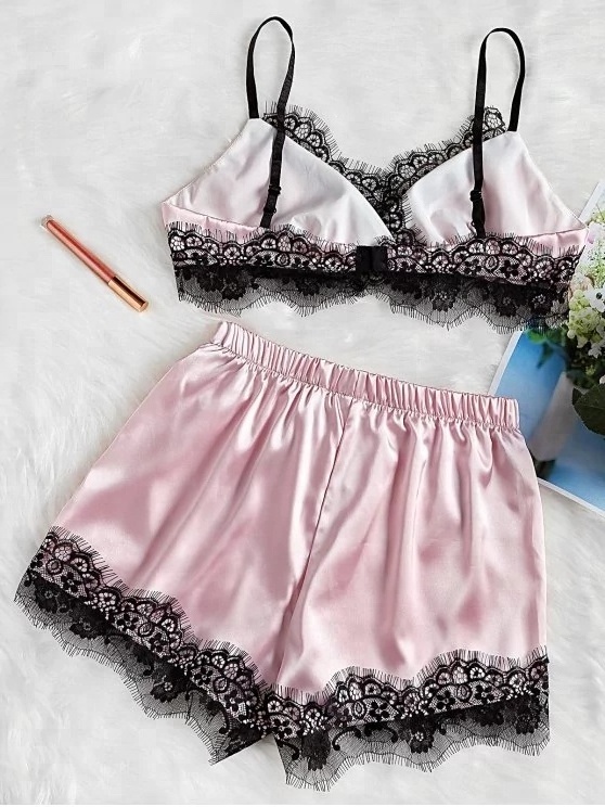 ky Spaghetti Straps ribbon bow elastic waistband Lace Satin Cami Shorts Pajama Set nighty sexy night wear women for honeymoon