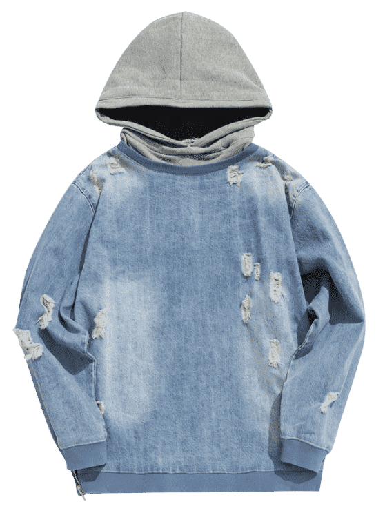 OEM Blue Gray zipper side distressed washed Ripped Pullover Denim bulk blank high quality hoodies wholesale