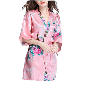 KY OEM wholesale Women's nightwear nighty silk kimono robes Floral print Belt V Neck Half Sleeve Pajamas