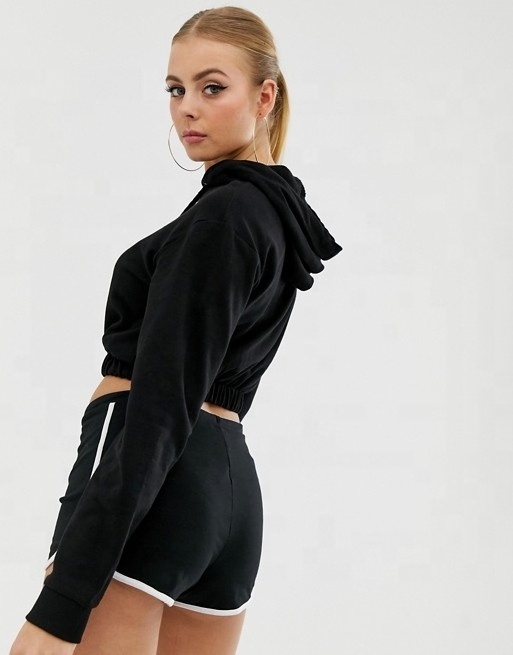 KY Black Crop Top Hoodie Shorts Set with Clean Hem Drawstring Hood Ribbed Cuffs Casual Shorts Set Two Pieces Sets