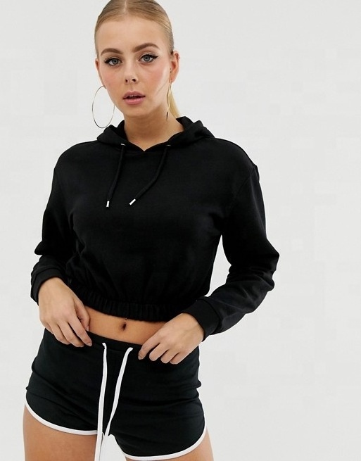 KY Black Crop Top Hoodie Shorts Set with Clean Hem Drawstring Hood Ribbed Cuffs Casual Shorts Set Two Pieces Sets