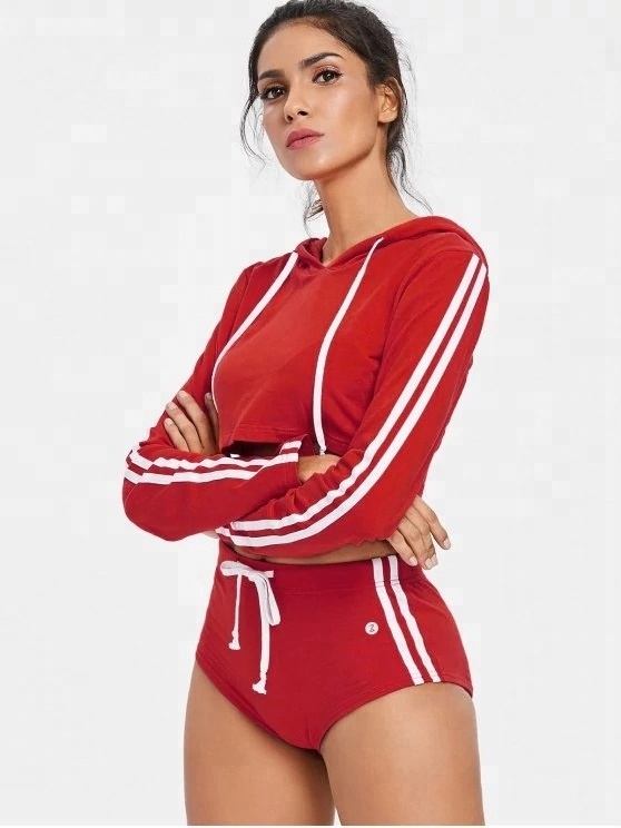 KY wholesale hot pants red bracelet boast high cut sides drawstring Crop Top Hoodie And Shorts Sweat Suit men