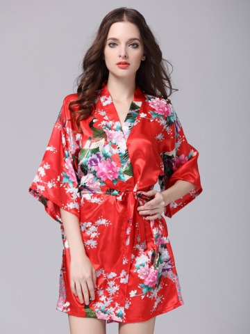 KY OEM wholesale Women's nightwear nighty silk kimono robes Floral print Belt V Neck Half Sleeve Pajamas