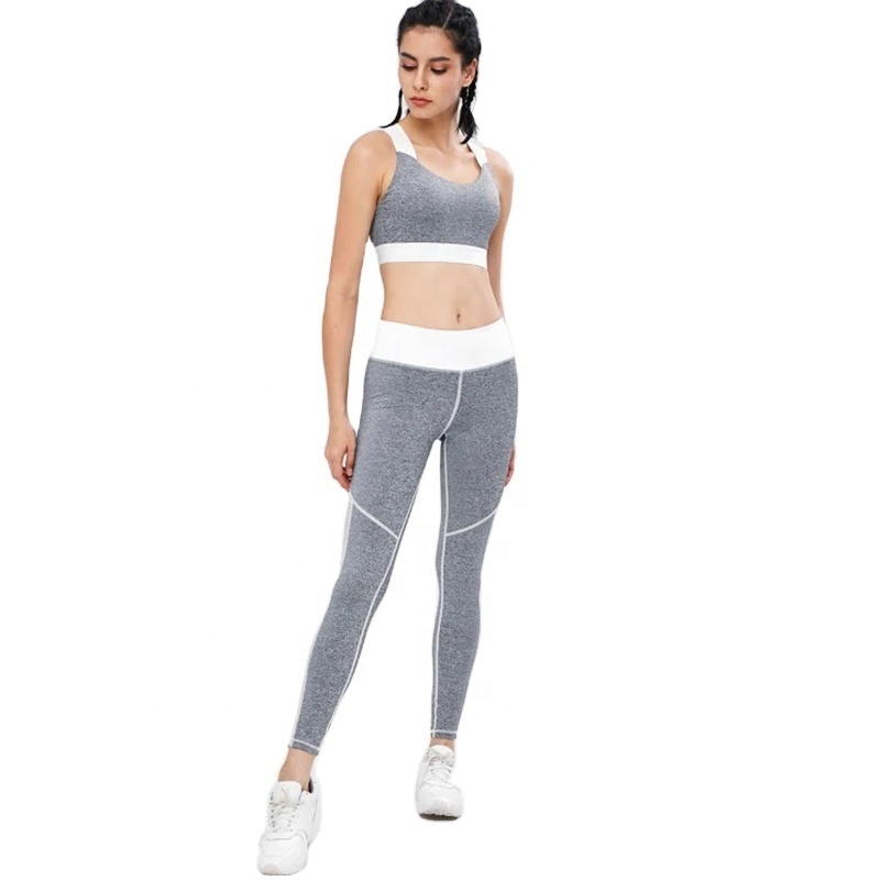 KY High Strech Fitness Gym Apparel Grey Fishnet Insert Cross Gym Bra And Legging  Set Gym Outfit Women Sports Wear Track Suit