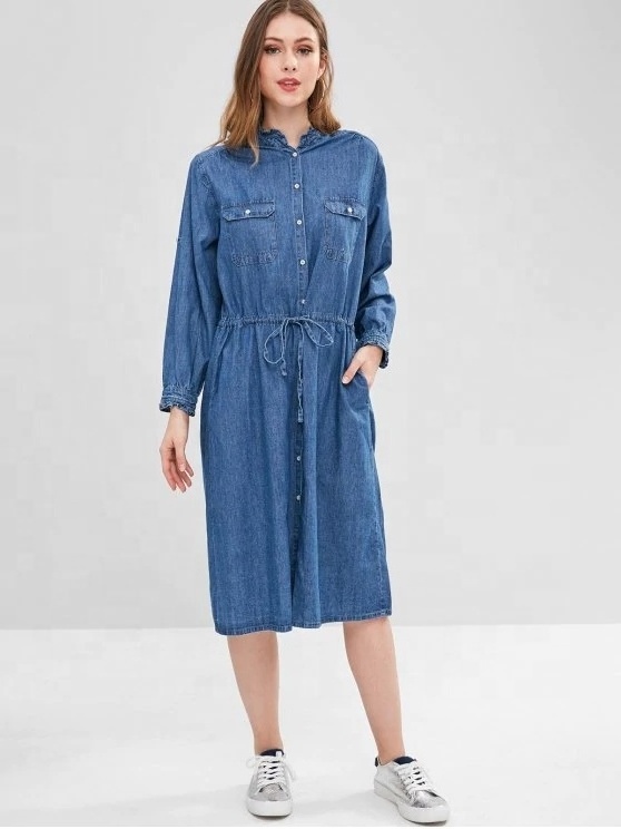 KY long light washed blue long sleeve waist tie Button Up Pocket shirt Chambray denim dress women