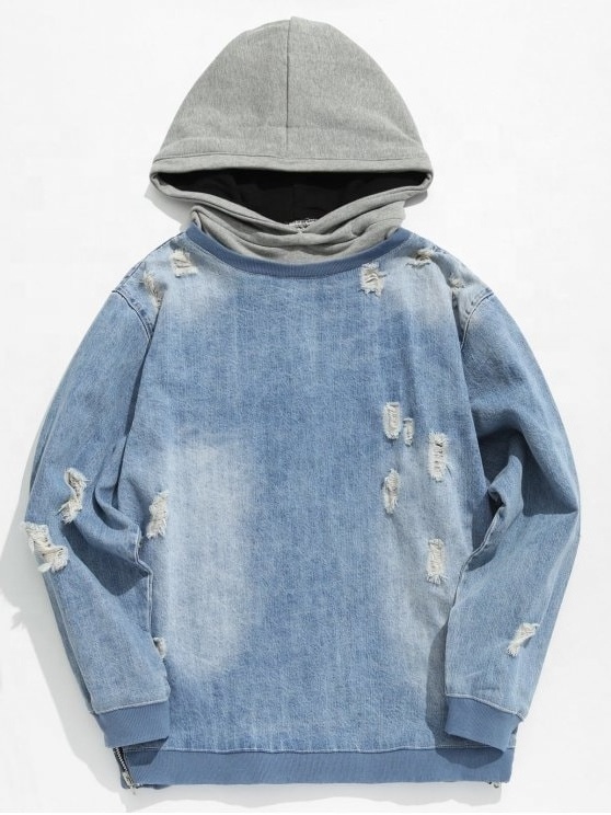 OEM Blue Gray zipper side distressed washed Ripped Pullover Denim bulk blank high quality hoodies wholesale