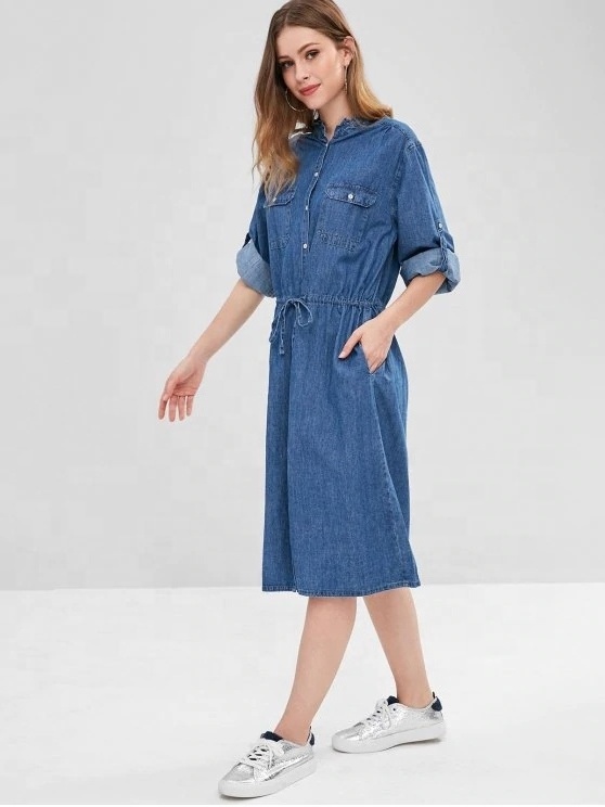 KY long light washed blue long sleeve waist tie Button Up Pocket shirt Chambray denim dress women