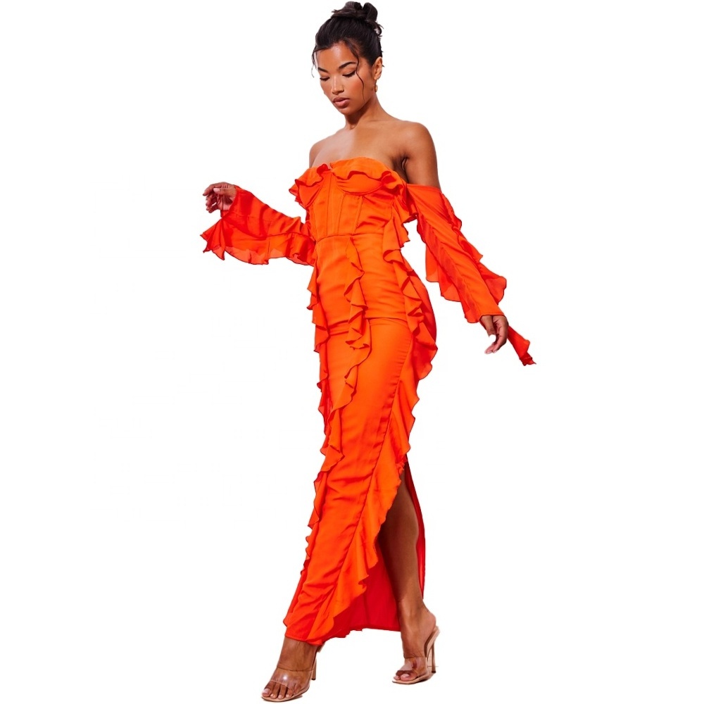 King Young Burnt Orange Chiffon Frill Corset Long Sleeve Summer Maxi Dress Women 2023