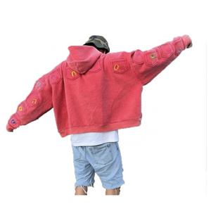 KY New Design Cropped Oversized Embroidery Custom Street Wear Sun Washed Hoodie Red Acid Wash Cotton Hoodies