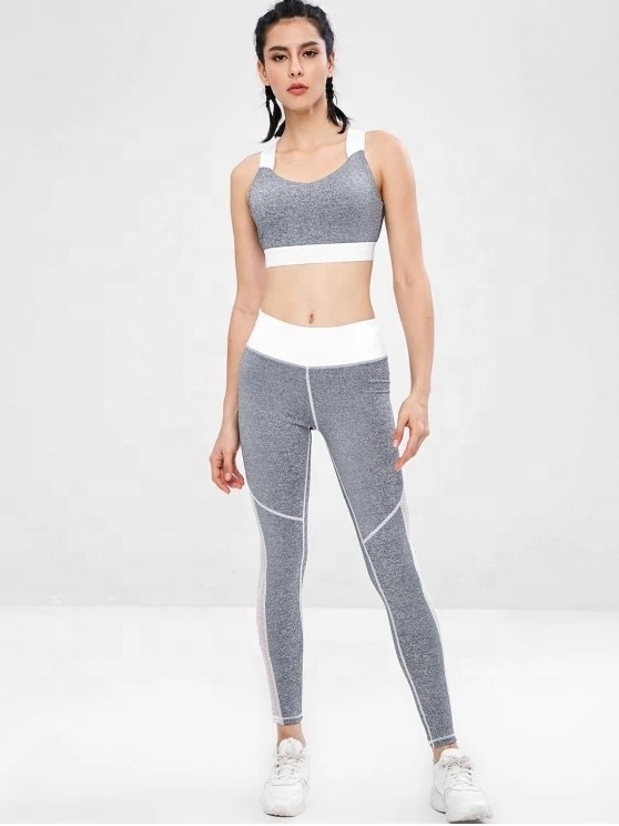 KY High Strech Fitness Gym Apparel Grey Fishnet Insert Cross Gym Bra And Legging  Set Gym Outfit Women Sports Wear Track Suit