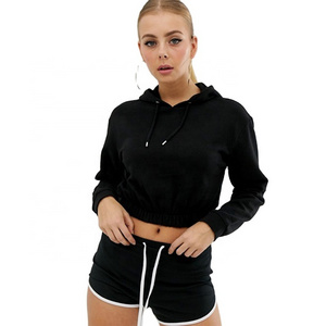 KY Black Crop Top Hoodie Shorts Set with Clean Hem Drawstring Hood Ribbed Cuffs Casual Shorts Set Two Pieces Sets