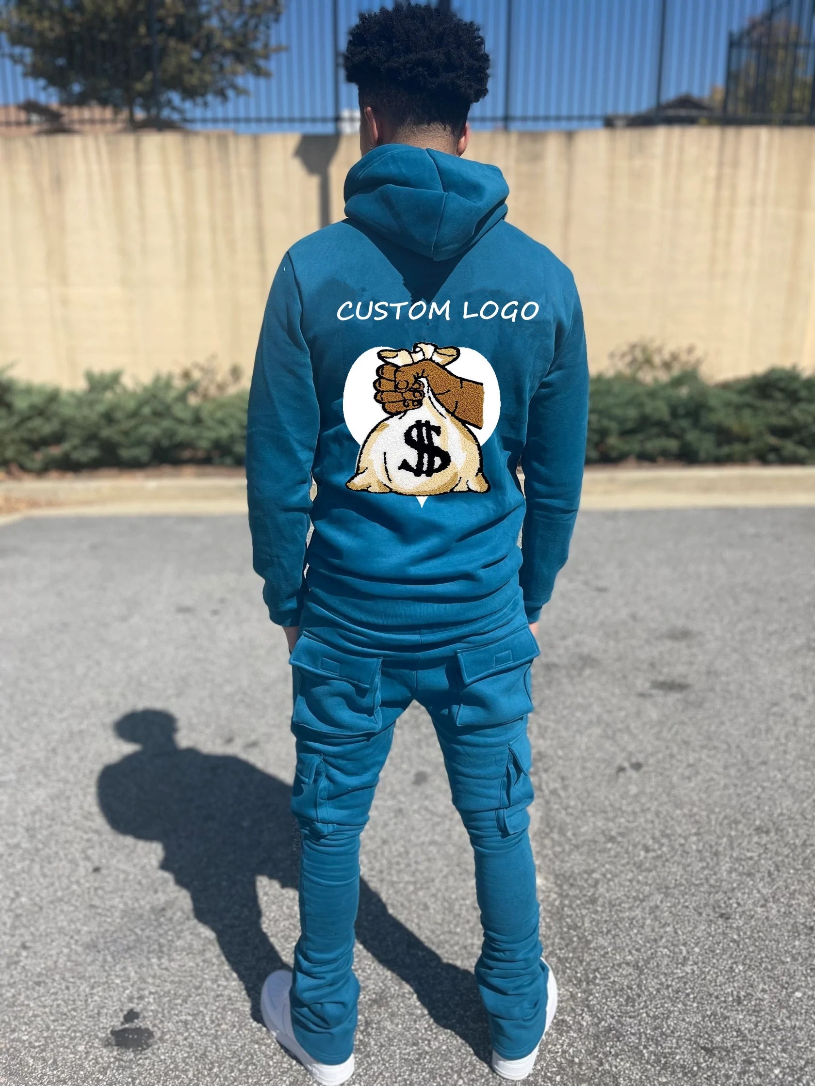 KY New Design Street Wear  Embroidery Stacked Custom Cargo Pants and Hoodie Men Sets Flare Joggers Suits