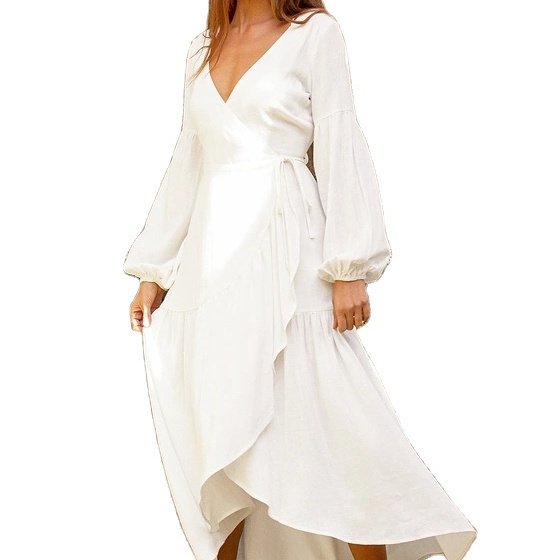 Kingyoung Summer Casual Plain V Neck Long Balloon Sleeve Tie Waist Tiered Hem Ruffle Cut Out Back Wrap Midi Dress women