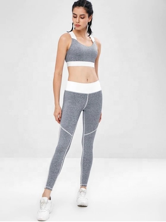 KY High Strech Fitness Gym Apparel Grey Fishnet Insert Cross Gym Bra And Legging  Set Gym Outfit Women Sports Wear Track Suit