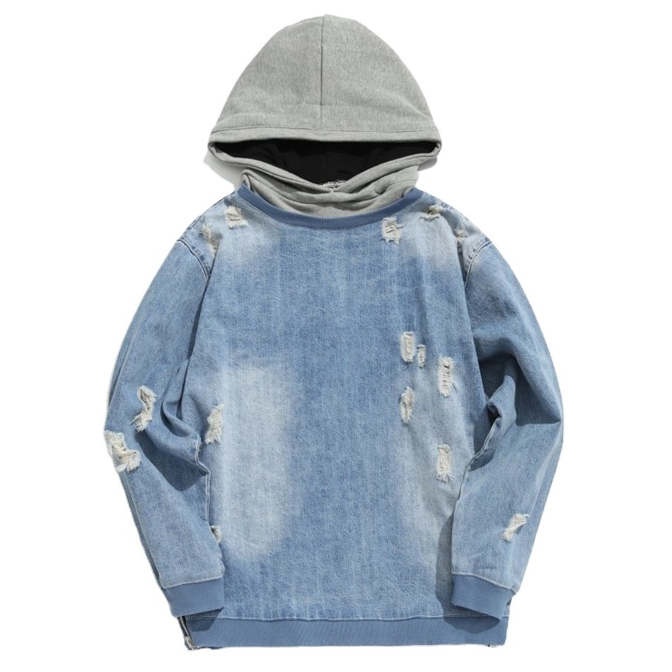 OEM Blue Gray zipper side distressed washed Ripped Pullover Denim bulk blank high quality hoodies wholesale