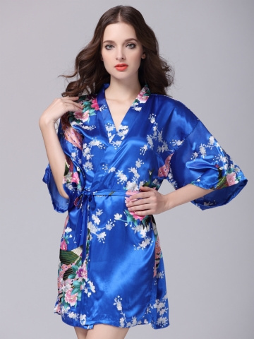 KY OEM wholesale Women's nightwear nighty silk kimono robes Floral print Belt V Neck Half Sleeve Pajamas