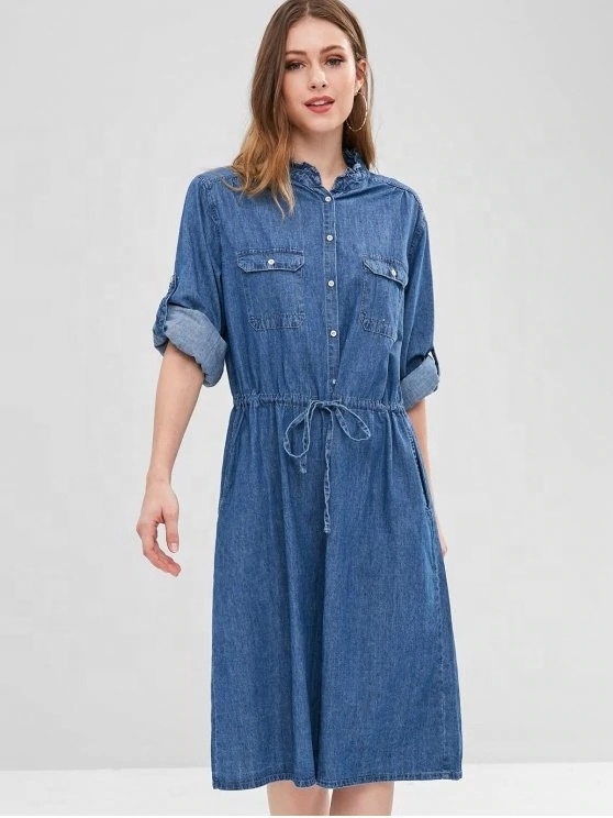 KY long light washed blue long sleeve waist tie Button Up Pocket shirt Chambray denim dress women