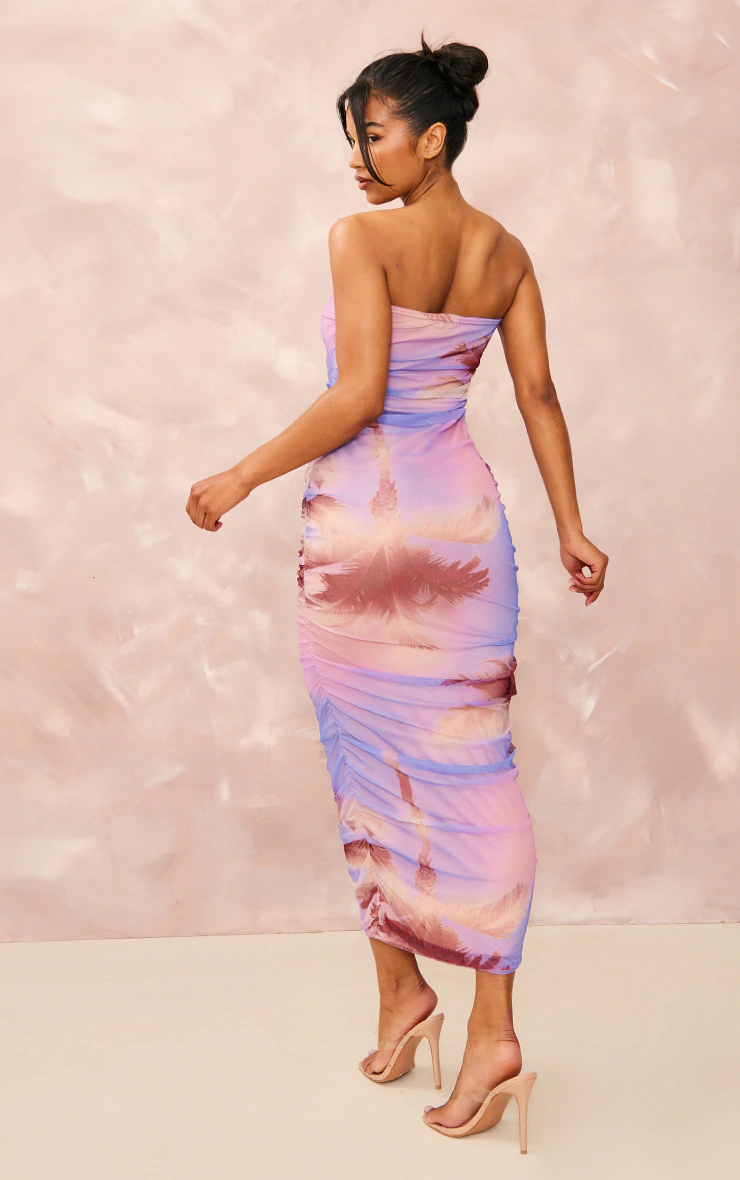 King Young Purple Palm Print Mesh Bandeau Ruched Maxi Dress Summer Maxi Dress Women 2023