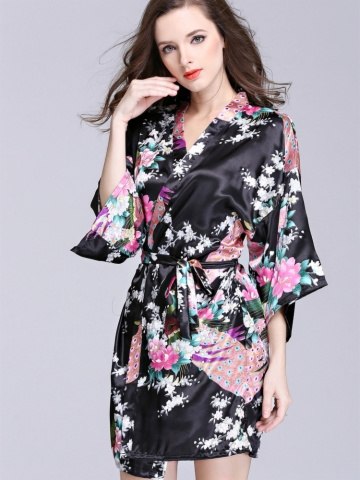 KY OEM wholesale Women's nightwear nighty silk kimono robes Floral print Belt V Neck Half Sleeve Pajamas