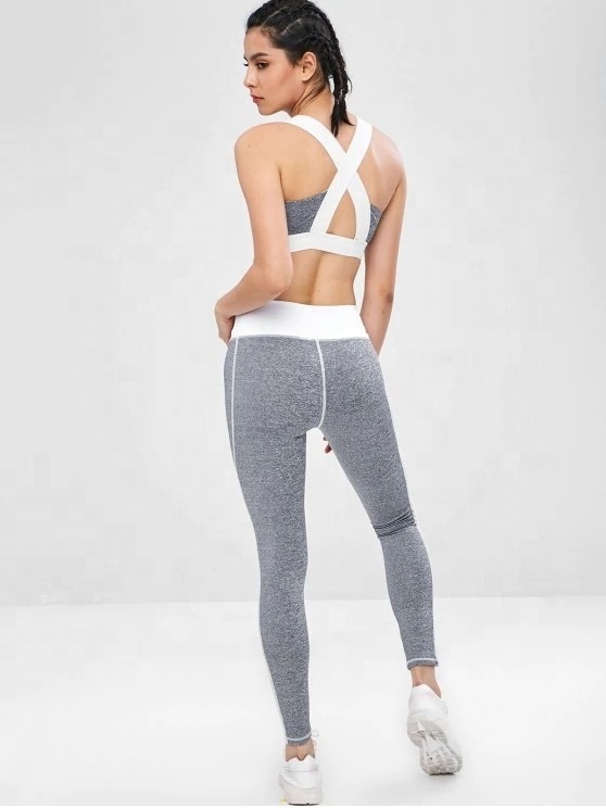 KY High Strech Fitness Gym Apparel Grey Fishnet Insert Cross Gym Bra And Legging  Set Gym Outfit Women Sports Wear Track Suit