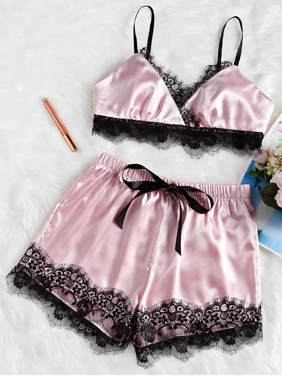 ky Spaghetti Straps ribbon bow elastic waistband Lace Satin Cami Shorts Pajama Set nighty sexy night wear women for honeymoon