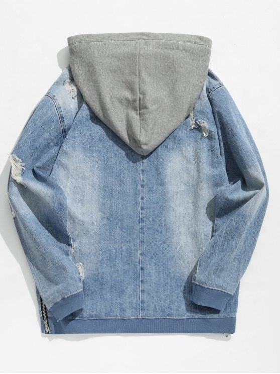 OEM Blue Gray zipper side distressed washed Ripped Pullover Denim bulk blank high quality hoodies wholesale