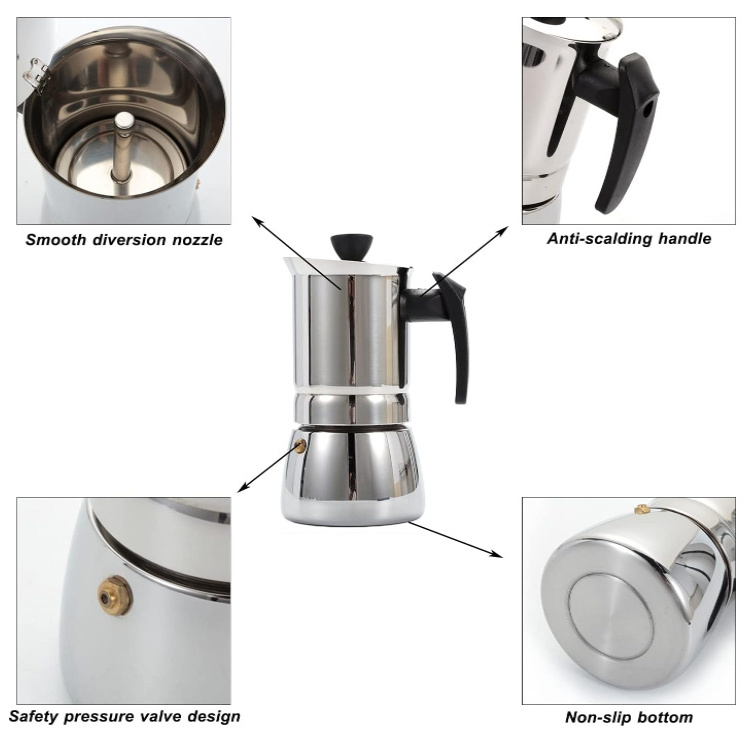 Stainless Steel 100ml 200ml 300ml Stovetop Espresso Maker Classic Moka Pot for Camping