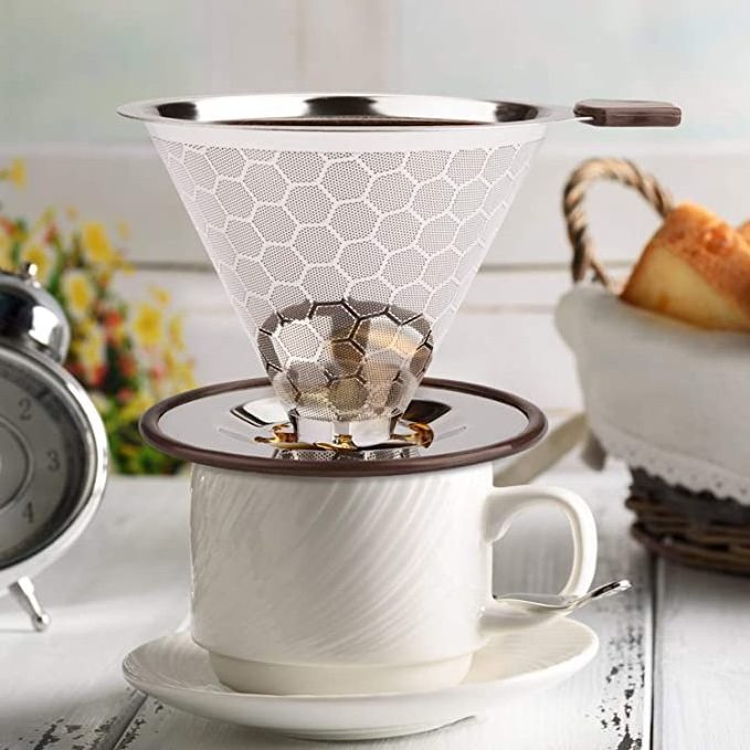 V 60 Style Stand Pour Over Coffee Dripper Coffee Maker Stainless Steel Slow Drip Reusable Metal Cone Coffee Filter