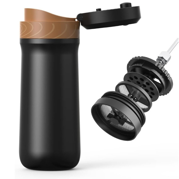 2 in 1 Portable Travel French Press Coffee Maker 12oz Stainless Steel Kettl Thermos Water Bottle Smart Coffee Kettle