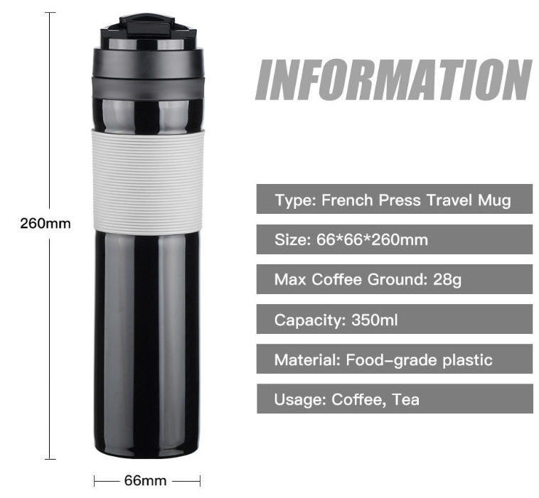 Kingze Travel Vacuum Insulated Coffee French Press Mug, Tumbler with Coffee Press Plunger. Tea Press Hot or Cold Brew