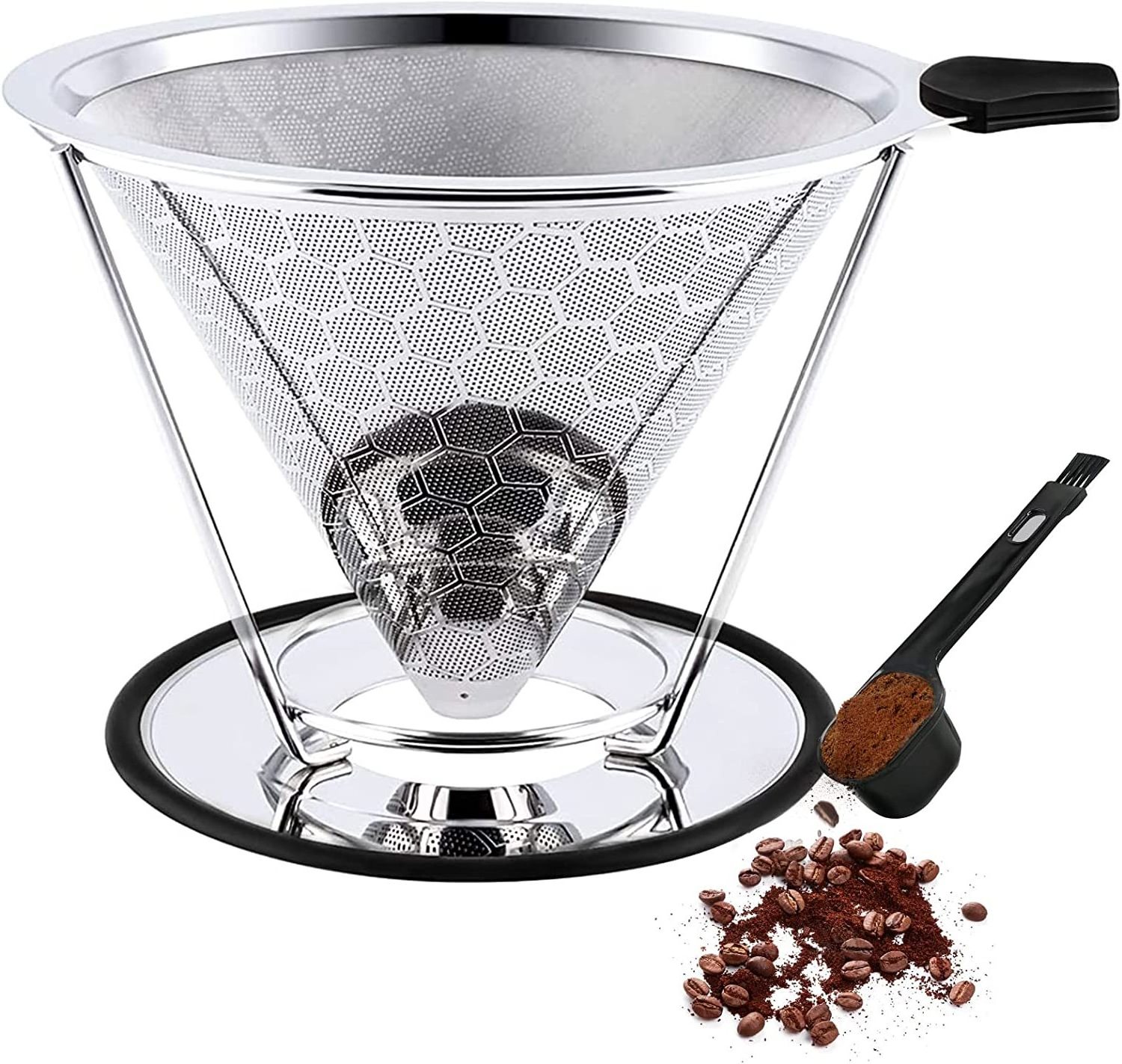 V 60 Style Stand Pour Over Coffee Dripper Coffee Maker Stainless Steel Slow Drip Reusable Metal Cone Coffee Filter