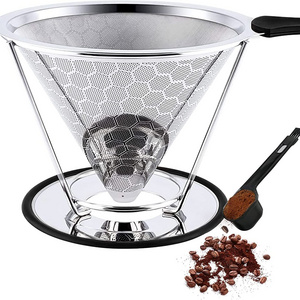 V 60 Style Stand Pour Over Coffee Dripper Coffee Maker Stainless Steel Slow Drip Reusable Metal Cone Coffee Filter