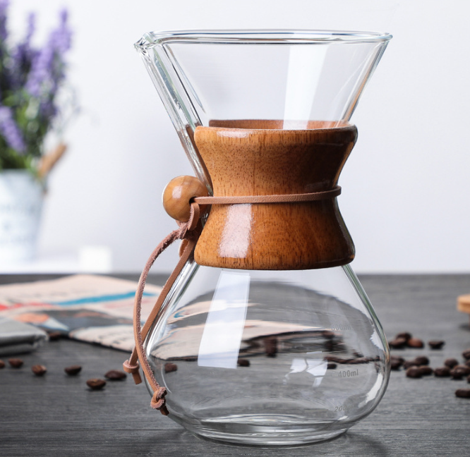 Kingze Ecoffee Wooden Collar Glass Pour Over Hand Dripper Pot 800ml Coffee Servers Portable Espresso Drip Coffee Maker