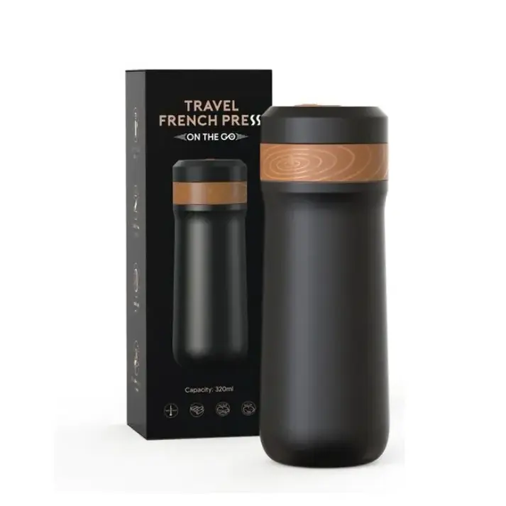 2 in 1 Portable Travel French Press Coffee Maker 12oz Stainless Steel Kettl Thermos Water Bottle Smart Coffee Kettle