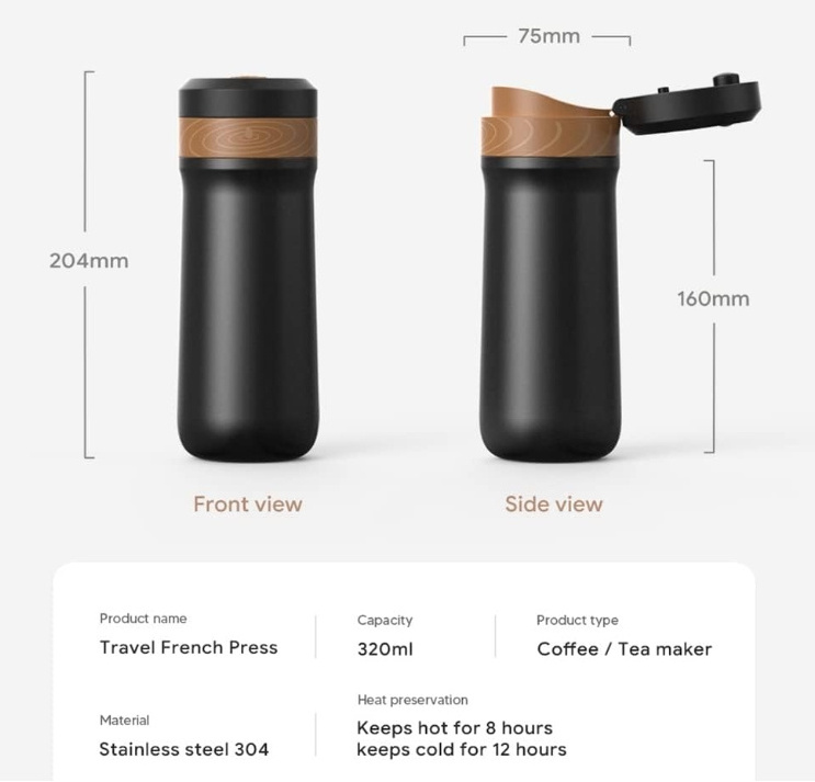 2 in 1 Portable Travel French Press Coffee Maker 12oz Stainless Steel Kettl Thermos Water Bottle Smart Coffee Kettle