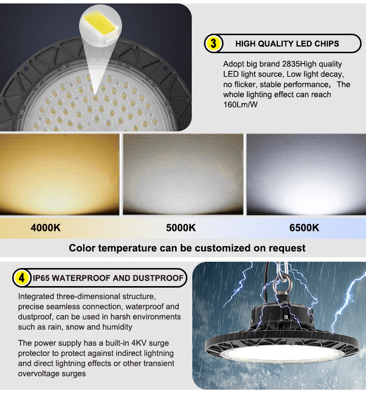 High Bay 100w 150w 200w 17000 Lumen Indoor Warehouse Factory Lighting IP65 Graphene Ufo Led High Bay Lights