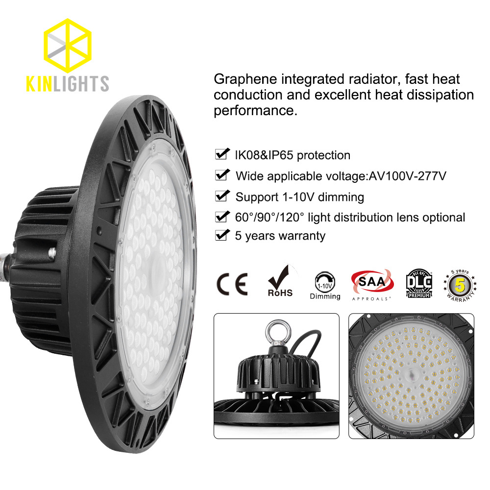 High Bay 100w 150w 200w 17000 Lumen Indoor Warehouse Factory Lighting IP65 Graphene Ufo Led High Bay Lights