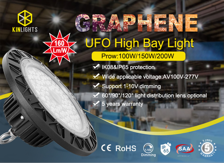 High Bay 100w 150w 200w 17000 Lumen Indoor Warehouse Factory Lighting IP65 Graphene Ufo Led High Bay Lights