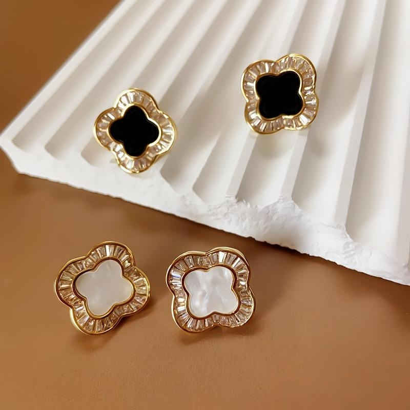 KL OEM aretes de trebol de laton Fashion Simple all match black white color 18k gold caladium inlaid brass clover earrings stud