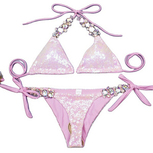 OEM Strap Bikini 2023 Sexy Sequins Bikini Diamond Hot Selling 3 Piece Set Swimwear Split Swimsuit