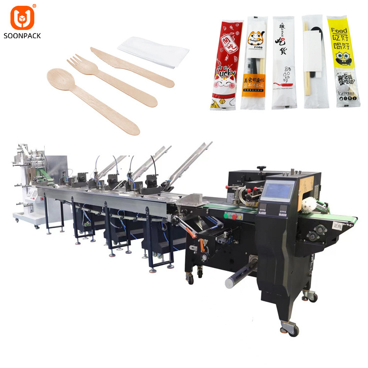 Disposable Plastic Wooden Spoon Fork And Knife packing machine Automatic Cutlery Set With Napkin Wrapping Machine