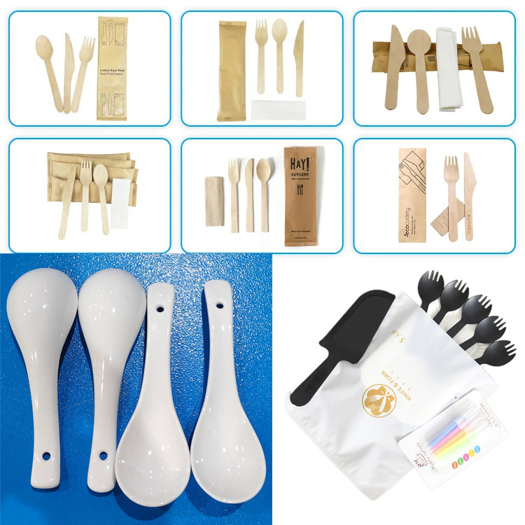 Disposable Plastic Wooden Spoon Fork And Knife packing machine Automatic Cutlery Set With Napkin Wrapping Machine