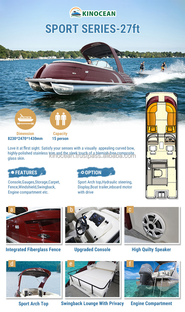 Kinocean fiberglass luxury pontoon boat with outboard motor yacht luxury boat for sale